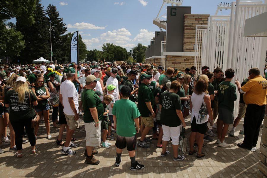 Football fans stand in line to enter the new stadium on the south side of the Colorado State University campus before the start of the first game of the season against Oregon State, on Saturday, August 26th. Forrest Czarnecki | The Collegian