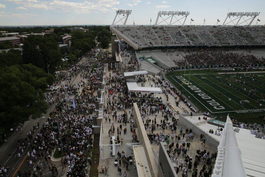 Football fans stand in line and fill up the new stadium on the south side of the Colorado State University campus before the start of the first game of the season against Oregon State, on Saturday, August 26th. (Forrest Czarnecki | The Collegian)