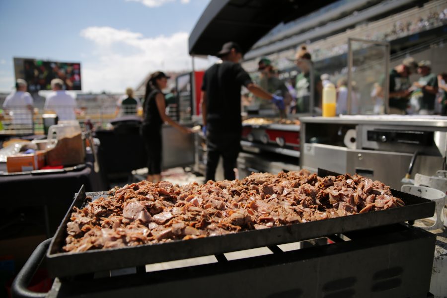 Grilled food is on display at a vendor's stand before the start of Colorado State University's first football game of the season against Oregon State, on Saturday, August 26th. Forrest Czarnecki | The Collegian