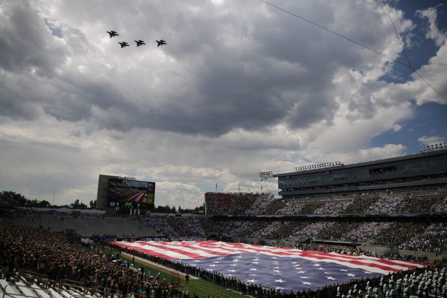 Four fighter jets perform a flyover before the start of Colorado State Universitys first football game of the season against Oregon State, on Saturday, August 26th. Forrest Czarnecki | The Collegian