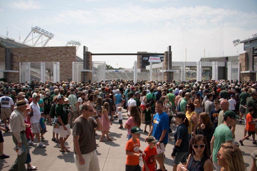 A crowd gathers for a first look at the new on-campus stadium during an open house. (Chapman Croskell | Collegian)
