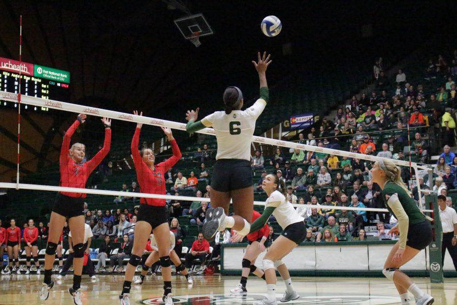 Senior Jasmine Hanna (6) is prepares to spike the volleyball into the opposing teams court at the CSU vs. UNLV volleyball match in Moby Arena on Sept 23. (Jenny Lee | Collegian)