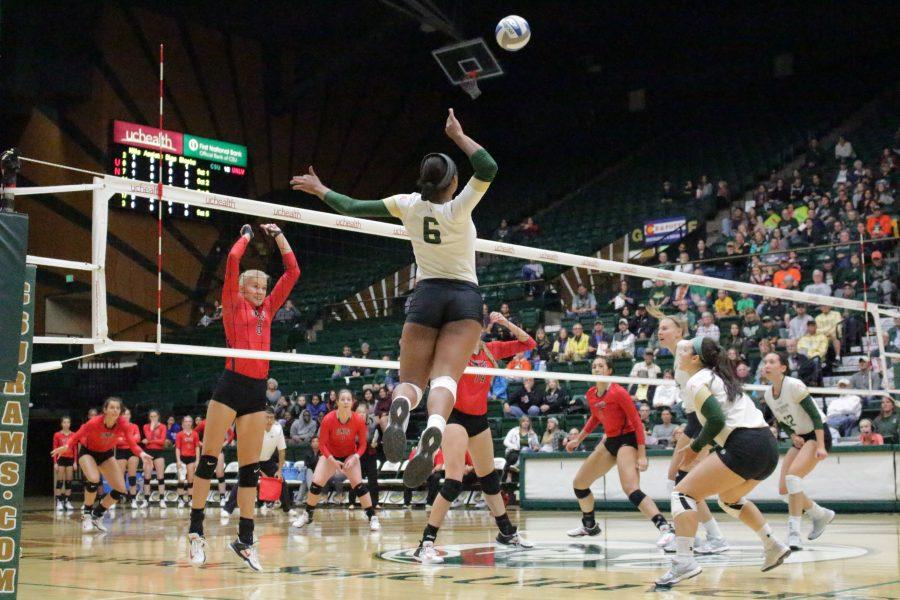 Senior,Jasmine Hanna (6) prepares to spike the volleyball into the opposing teams court at the CSU vs. UNLV volleyball match in Moby Arena on Sept 23. (Jenny Lee | Collegian)