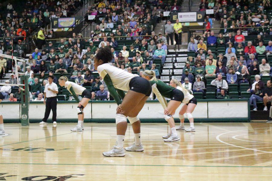 The CSU womens volleyball team waits for the opposing team to serve the ball and begin the game at the CSU vs. UNLV volleyball match in Moby Arena on Sept 23. (Jenny Lee | Collegian)