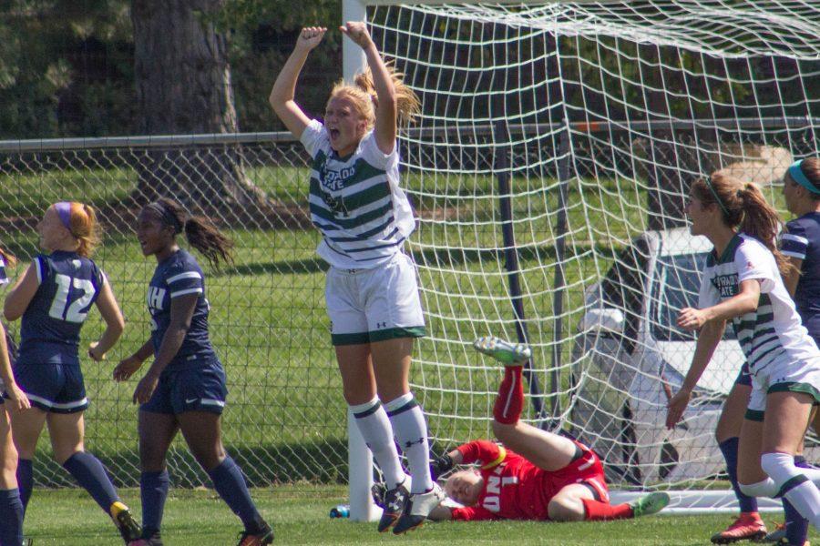 Halley Havlicek celebrates scoring her first career goal with the Rams during the game against University of New Hampshire on Sunday afternoon. The Rams lost 2-1. (Ashley Potts | Collegian)