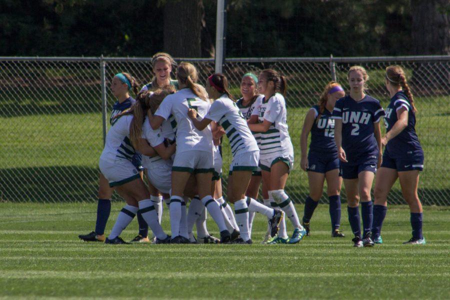 The Rams celebrate after Halley Havlicek scored her first career goal during the game against University of New Hampshire on Sunday afternoon. The Rams lost 2-1. (Ashley Potts | Collegian)