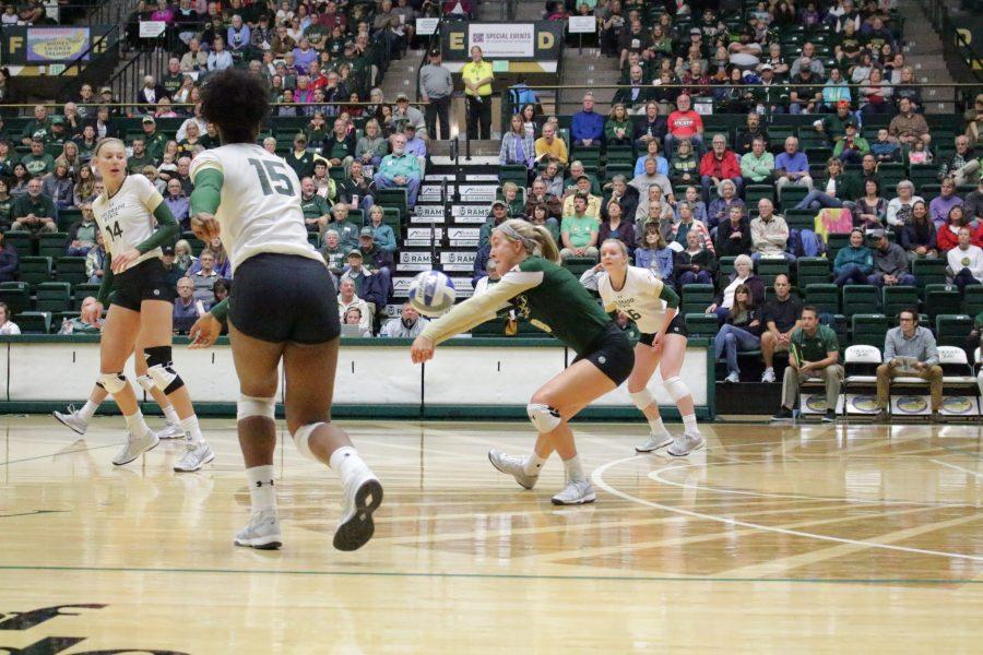 Sophomore Amanda Young (8) bumps the ball at the CSU vs. UNLV volleyball match in Moby Arena on Sept. 23. (Jenny Lee | Collegian)