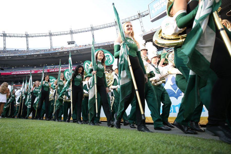 The Colorado State Marching Band walks into Mile High Stadium on September 1, 2017 for the Rocky Mountain Showdown. (Elliott Jerge | Collegian)