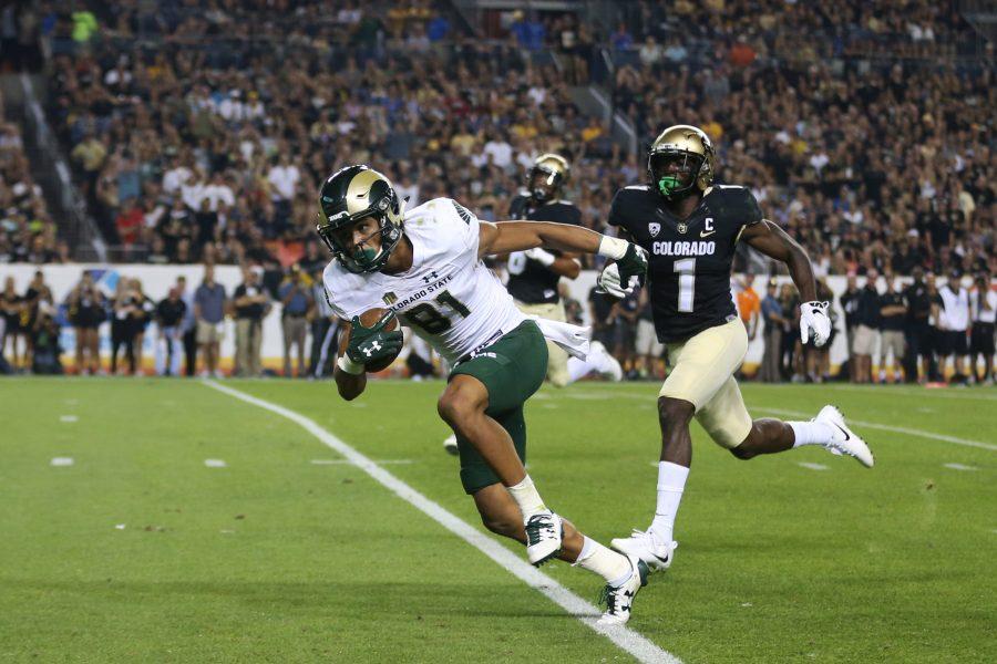 Colorado State wide receiver Olabisi Johnson makes a run for the end zone during the Rocky Mountain Showdown on September 1, 2017 at Mile High Stadium. The Rams were defeated by the Buffaloes 17-3. (Elliott Jerge | Collegian)