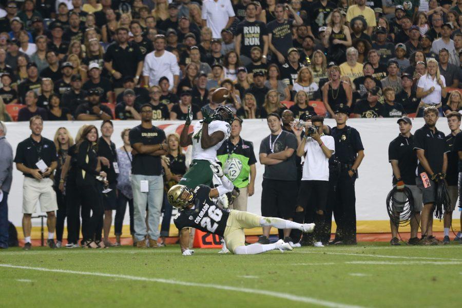 Colorado State wide receiver Michael Gallup goes up for a huge catch during the third quarter of the Rocky Mountain Showdown on Sept. 1. The catch was negated by an offensive pass interference penalty. (Elliott Jerge | Collegian)