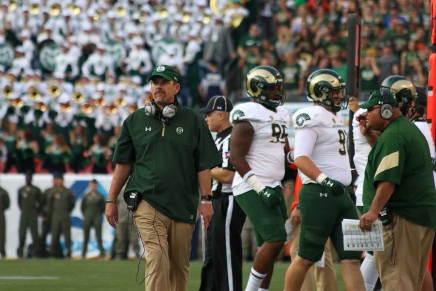 Colorado State head coach Mike Bobo on the sidelines during the Rocky Mountain Showdown on Sept. 1, 2017 (Jack Stakebaum | Collegian).