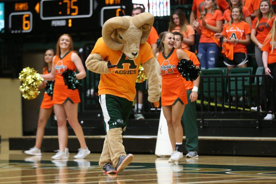 Cam the Ram dances during a break in play during the Colorado State University and University of Michigan Volleyball Game on Sept 8. (Elliott Jerge | Collegian)