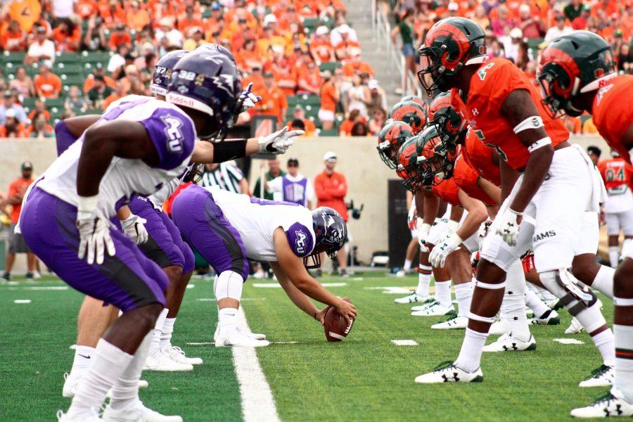 CSU defense lines up before the snap against ACU on Sept. 9, 2017. (Matt Begeman | Collegian)