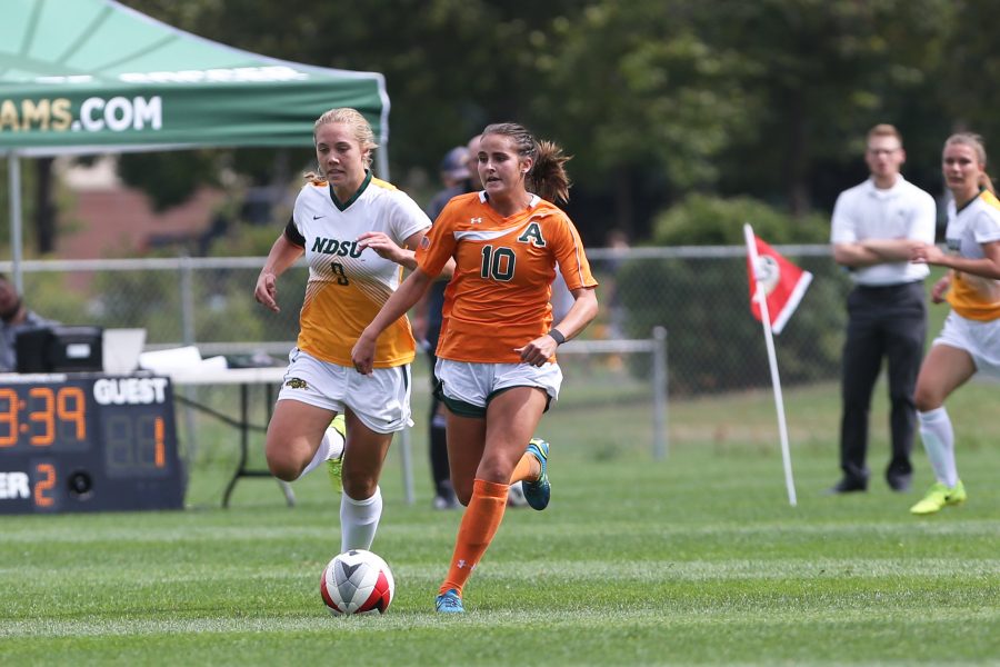 Midfielder Maddi Rodriguez moves the ball down the field into North Dakota State University Territory on Sept 10. The Rams defeated the Bison 5-1. (Elliott Jerge | Collegian)