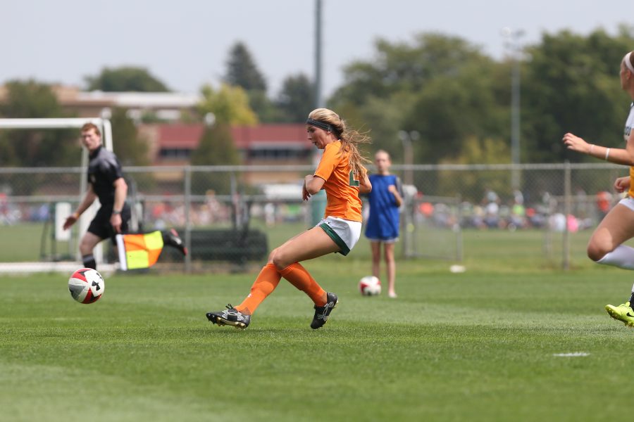 Midfielder Karli Eheart shoots on net and scores against North Dakota State University. The Rams defeated the Bison 5-1 on Sept 10. (Elliott Jerge | Collegian)
