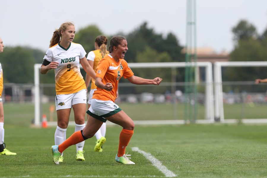 Defender Lexi Swanson celebrates a goal against North Dakota State University. The Rams defeated the Bison 5-1 on Sept 10. (Elliott Jerge | Collegian)
