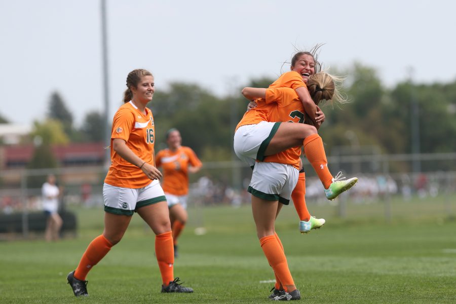 Defender Lexi Swanson celebrates a goal against North Dakota State University. The Rams defeated the Bison 5-1 on Sept 10. (Elliott Jerge | Collegian)