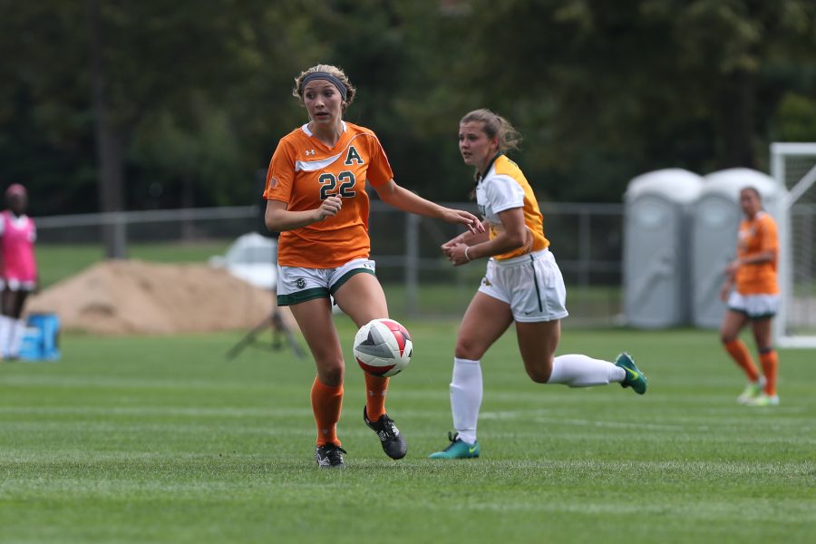 Midfielder Karli Eheart chases a lose ball down during the second quarter of action against North Dakota State University. The Rams defeated the Bison 5-1 on Sept 10. (Elliott Jerge | Collegian)