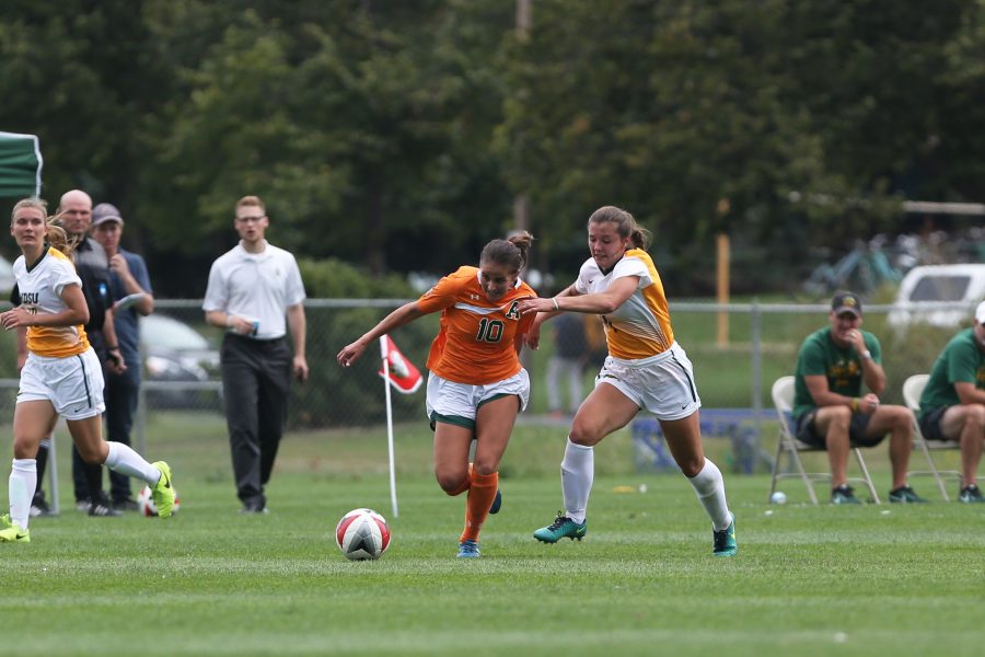 Midfielder Maddi Rodriguez moves the ball down the field into North Dakota State University Territory on Sept 10. The Rams defeated the Bison 5-1. (Elliott Jerge | Collegian)