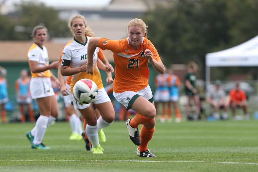 Defender Halley Havlicek chases a lose ball down during the second quarter of action against North Dakota State University. The Rams defeated the Bison 5-1 on Sept 10. (Elliott Jerge | Collegian)