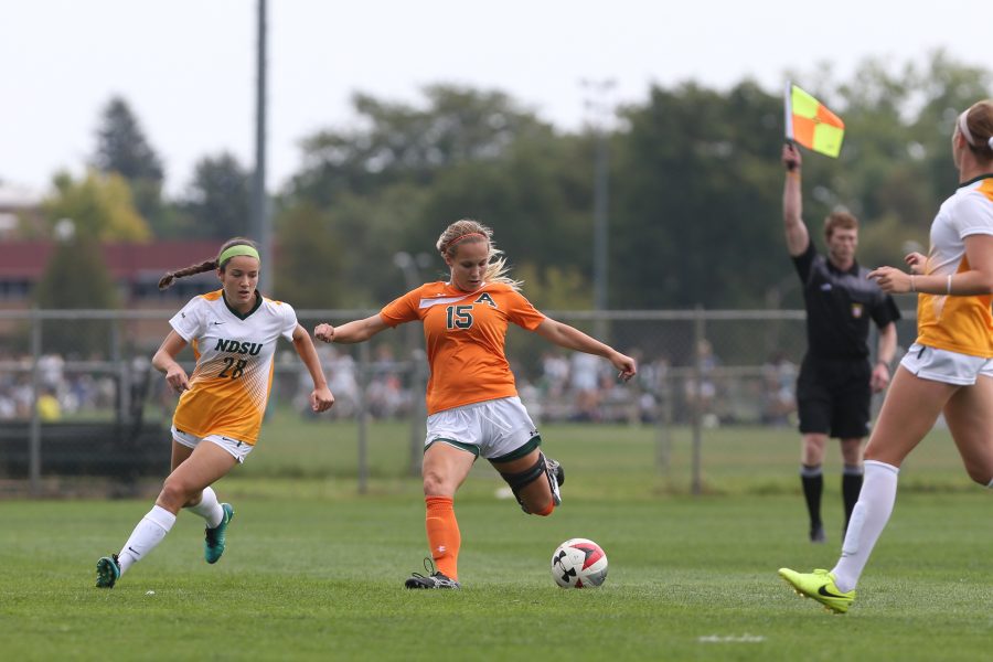 Forward Madisann Relph puts a shot on net against the North Dakota State University. The Rams defeated the Bison 5-1 on Sept 10. (Elliott Jerge | Collegian)