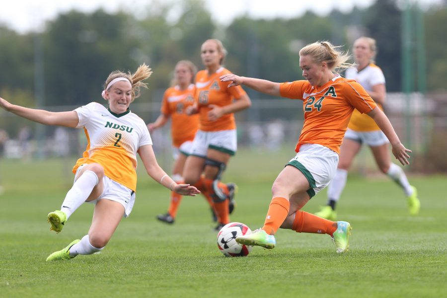Midfielder Kallie Clements shoots on net and scores the 5th goal against North Dakota State University. The Rams defeated the Bison 5-1 on Sept 10. (Elliott Jerge | Collegian)