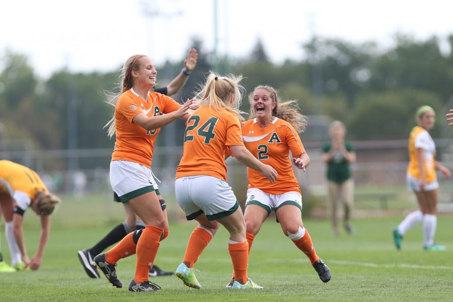 Colorado State Soccer Team celebrates their 5th goal against North Dakota State University on Sept 10. The Rams defeated the Bison 5-1. (Elliott Jerge | Collegian)
