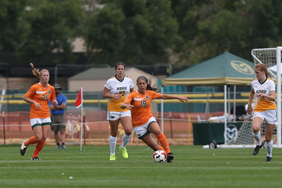 Defender Bailyn Furrow moves the ball down into North Dakota State University territory on Sept 10. The Rams defeated the Bison 5-1. (Elliott Jerge | Collegian)