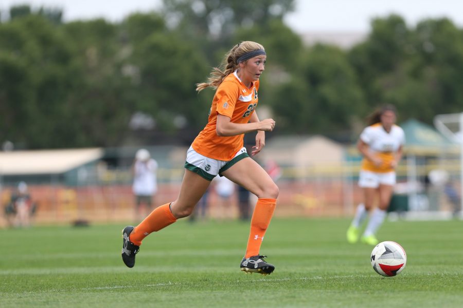 Midfielder Karli Eheart moves the ball down the field during the second quarter of action against North Dakota State University. The Rams defeated the Bison 5-1 on Sept 10. (Elliott Jerge | Collegian)