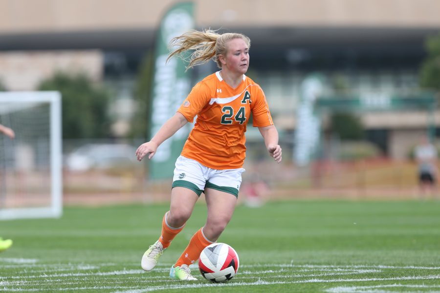 Midfielder Kallie Clements moves the ball down the field during the second quarter of action against North Dakota State University. The Rams defeated the Bison 5-1 on Sept 10. (Elliott Jerge | Collegian)