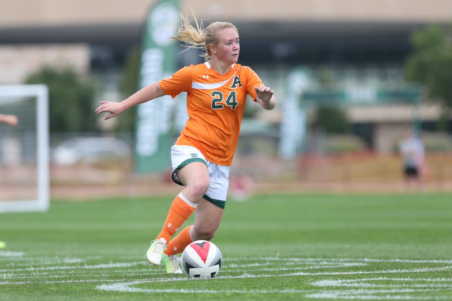 Midfielder Kallie Clements moves the ball down the field during the second quarter of action against North Dakota State University. The Rams defeated the Bison 5-1 on Sept 10. (Elliott Jerge | Collegian)