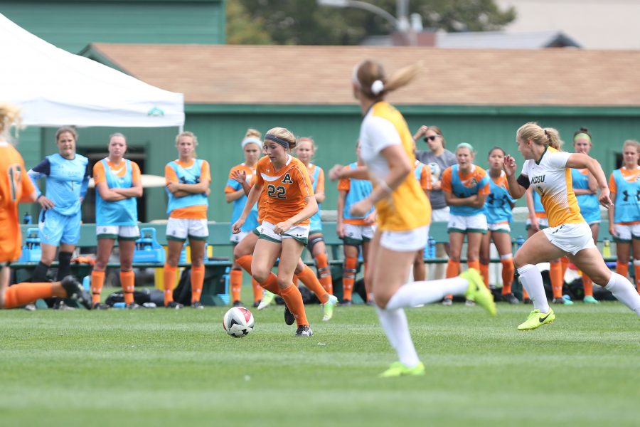 Midfielder Karli Eheart moves the ball down the field during the second quarter of action against North Dakota State University. The Rams defeated the Bison 5-1 on Sept 10. (Elliott Jerge | Collegian)