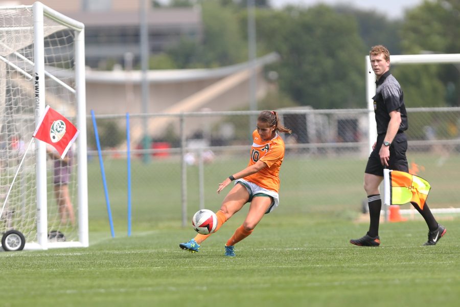 Midfielder Maddi Rodriguez crosses the ball in North Dakota State University Territory on Sept 10. The Rams defeated the Bison 5-1. (Elliott Jerge | Collegian)