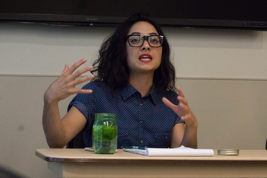 Cori Wong, Special Assistant to the President and Assistant Professor in the Center for Womens Studies and Gender Resarch, answers questions during the Dialogues Around Difference panel discussion on intersectional feminism. (Ashley Potts | Collegian)
