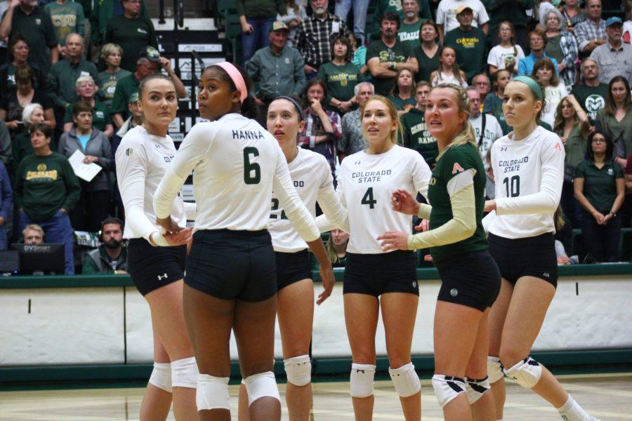 The CSU rams volleyball team glare at the official to await his decision on who would receive a point during the September 16, 2017 game. (Matt Begeman | Collegian)