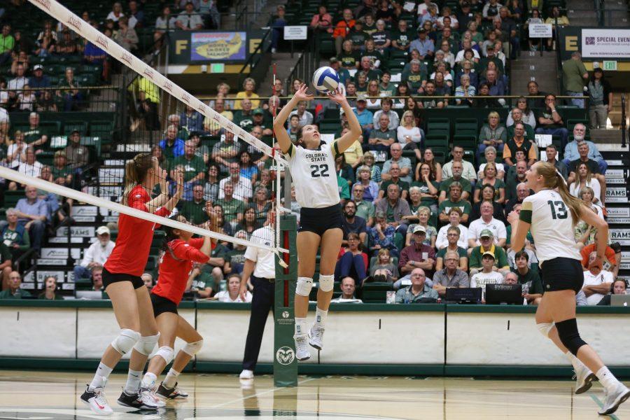 Sophomore Katie Oleksak sets the ball for Sophomore Teammate Kristie Hillyer during the third set of action on Sept 21 against the University of New Mexico. The Rams defeated the Lobos in three decisive sets, the Rams are now 11-2 on the season. (Elliott Jerge | Collegian)