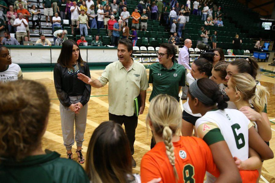 Colorado State Volleyball Head Coach Tom Hilbert talks to his team after a win over the University of New Mexico on Sept 21. The Rams are now 11-2 on the season and 1-0 in the Conference. (Elliott Jerge | Collegian)