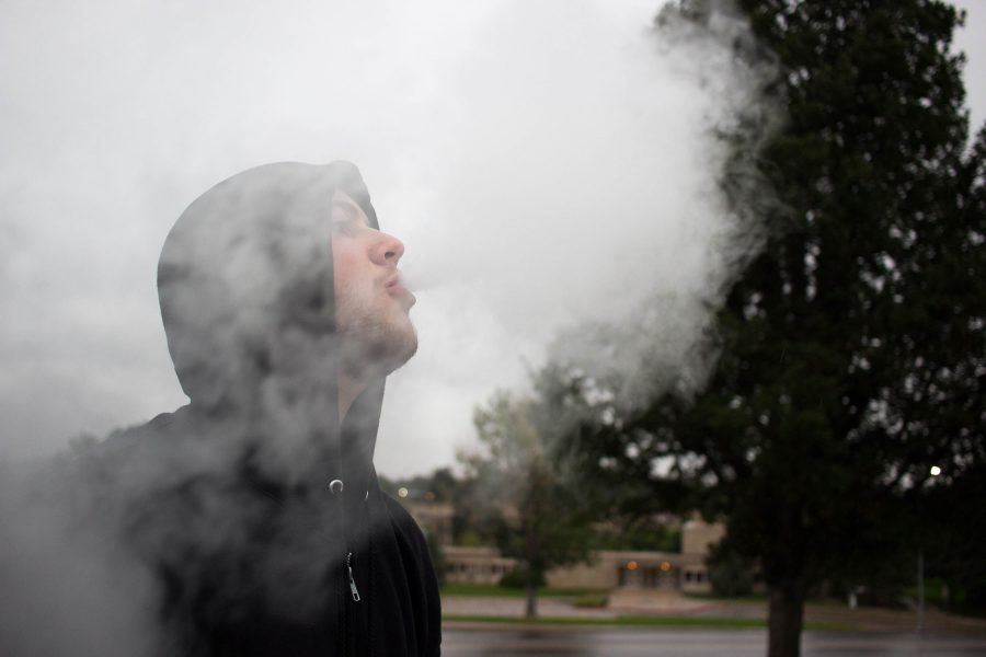 Gathered at University of Northern Colorado’s University Center UNC student, Austin Huber, vapes a “phat cloud”. Austin was the founder of the event, created to rid Greeley of its stink by vaping. He planned to create more events similar, to bring people together.
(Anna Baize | Collegian)