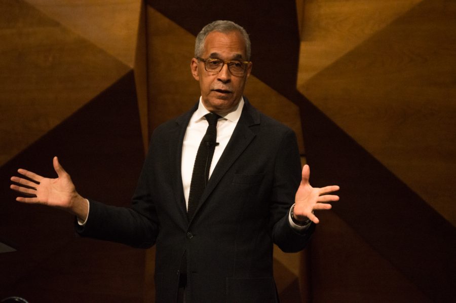 Keynote speaker and social psychologist Claude Steele spoke Tuesday evening at the Diversity Symposium in the LSC Theater. He discussed his reseach on stereotype threat theory, and how educators can build trust within universities to lift this threat from the classroom. Photo by Olive Ancell | Collegian