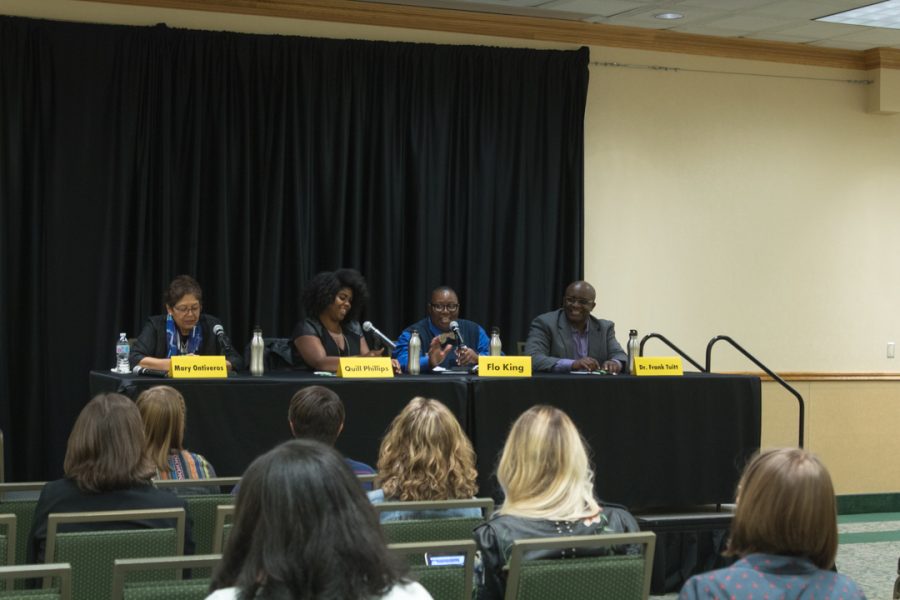 A panel of four diversity officers, Mary Ontiveros, Qull Philips, Flo King and Dr. Frank Tuitt,  discuss a variety of topics spanning the classification of student admissions to their own personal journey of how they got to where they are today, Lory Student Center (LSC).  Flo King along with the other panelists gave a fact about themselves to start off the panel before more serious topics were introduced. King later brought up how the progression of institutions is progressing in terms of diversity inclusiveness and how not only should students be the focus of diversity and inclusiveness, but also how faculty and staff should respond to students. l Tyler Morales | Collegian