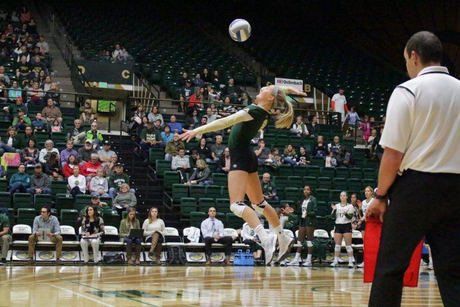 Sophomore Amanda Young (8) serves the ball to begin the game at the CSU vs. UNLV volleyball match in Moby Arena on Sept. 23. (Jenny Lee | Collegian)