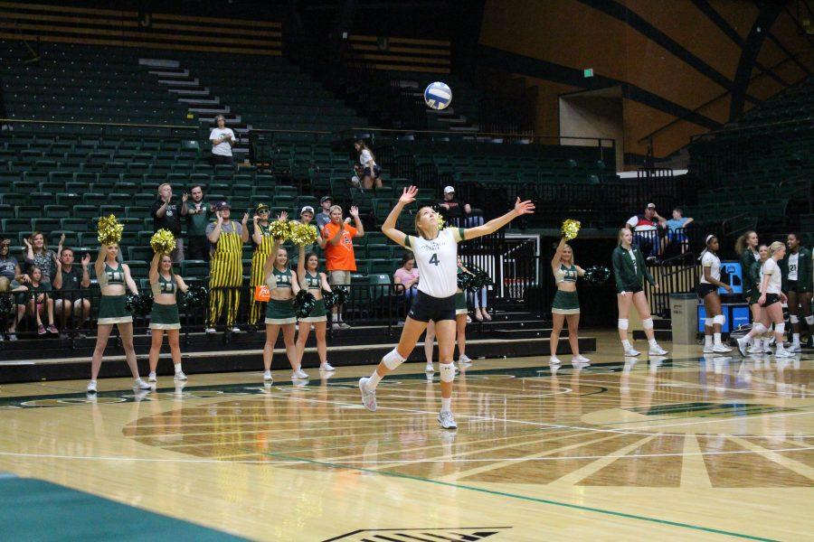 Senior, McKenna Thornlow (4), serves the ball to begin the game at the CSU vs. Albany match at Moby Arena on September 15. (Jenny Lee | Collegian)