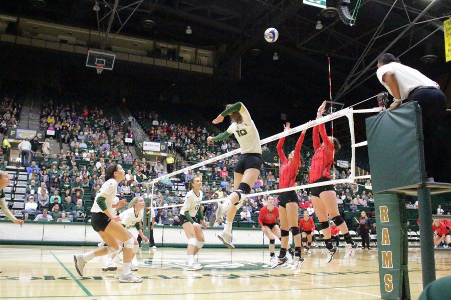 Senior Sanja Cizmic (10) spikes the ball into the other teams court at the CSU vs. UNLV volleyball match in Moby Arena on Sept 23. (Jenny Lee | Collegian)