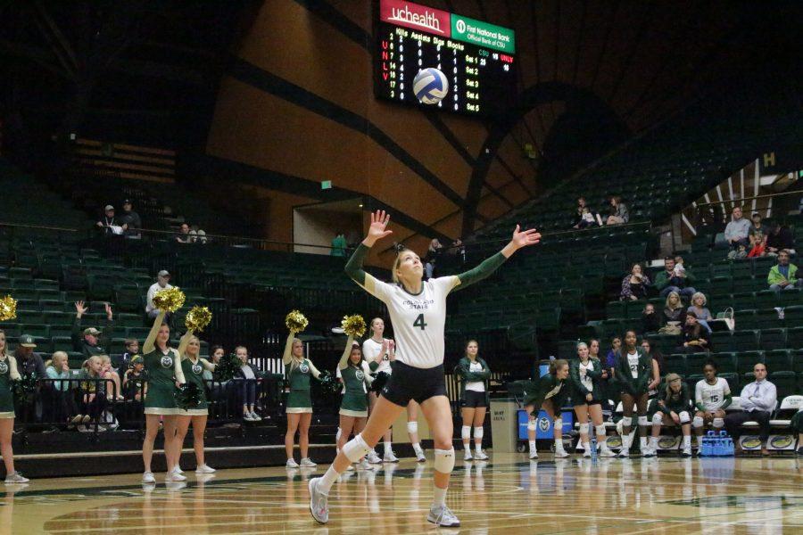 Senior, McKenna Thornlow (4), serves the ball to begin the game at the CSU vs. UNLV volleyball match in Moby Arena on Sept 23. (Jenny Lee | Collegian)