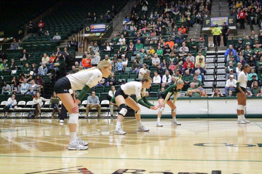 The CSU women's volleyball team waits for the opposing team to serve the ball and begin the game at the CSU vs. UNLV volleyball match in Moby Arena on Sept 23. (Jenny Lee | Collegian)