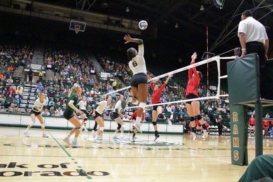 Senior, Jasmine Hanna (6), prepares to spike the volleyball into the opposing teams court at the CSU vs. UNLV volleyball match in Moby Arena on Sept 23. (Jenny Lee | Collegian)
