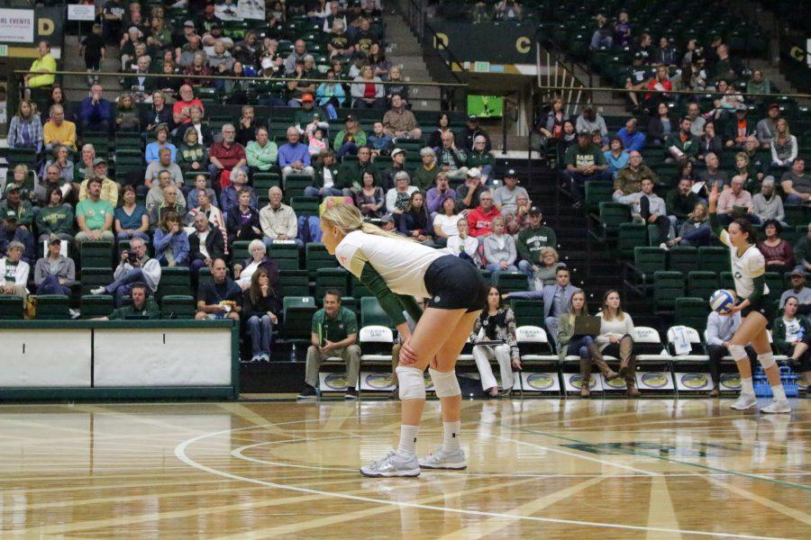 Senior, McKenna Thornlow (4), waits for her teammate to serve the ball at the CSU vs. UNLV volleyball match in Moby Arena on Sept 23. (Jenny Lee | Collegian)