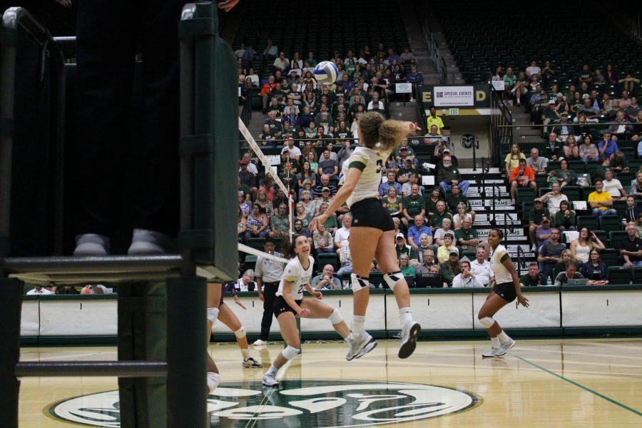Sophomore, Olivia Nicholson (3), spikes the ball into the other team’s court at the CSU vs. Albany match at Moby Arena on September 15. (Jenny Lee | Collegian)