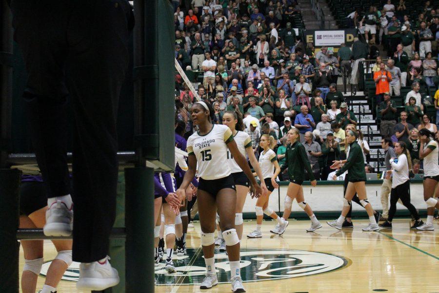 The team does a postgame walk through with low-fives to Albany at the CSU vs. Albany match at Moby Arena on September 15. (Jenny Lee | Collegian)
