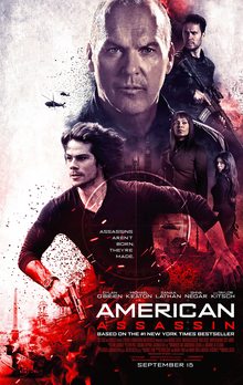 Michael Keaton lurks in the background of a bloodstained poster for "American Assassin"